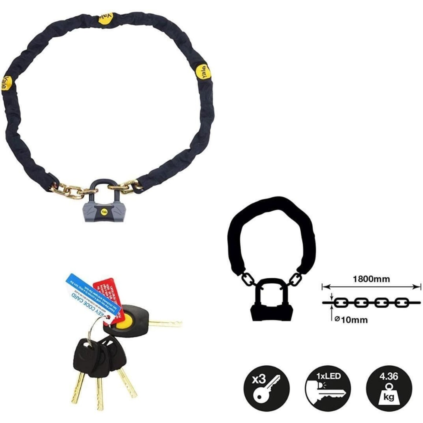 Yale Chain and Lock 1800mm Maximum Security Chain Bike Lock Heavy Duty 4 Keys