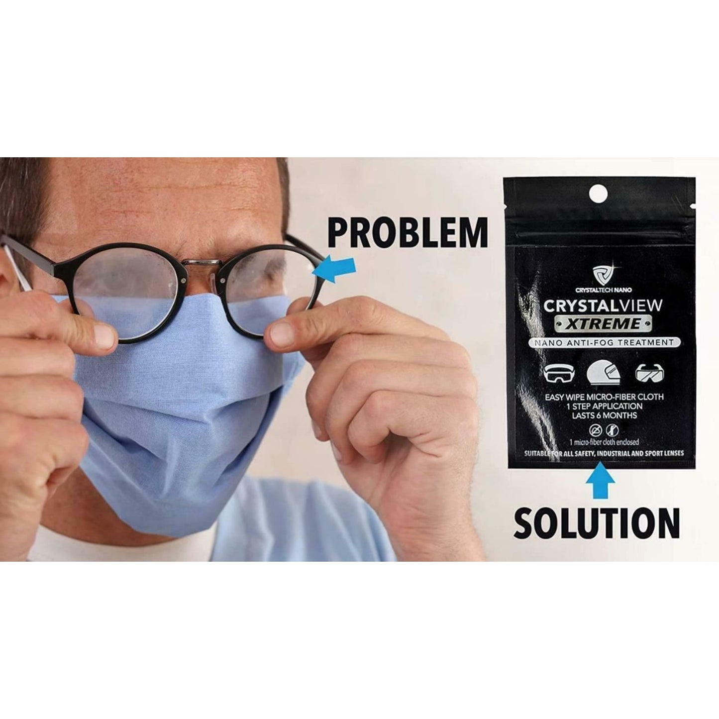Crystal View Anti Fog Wipe Treatment for Glasses Goggles Masks Visors Reusable