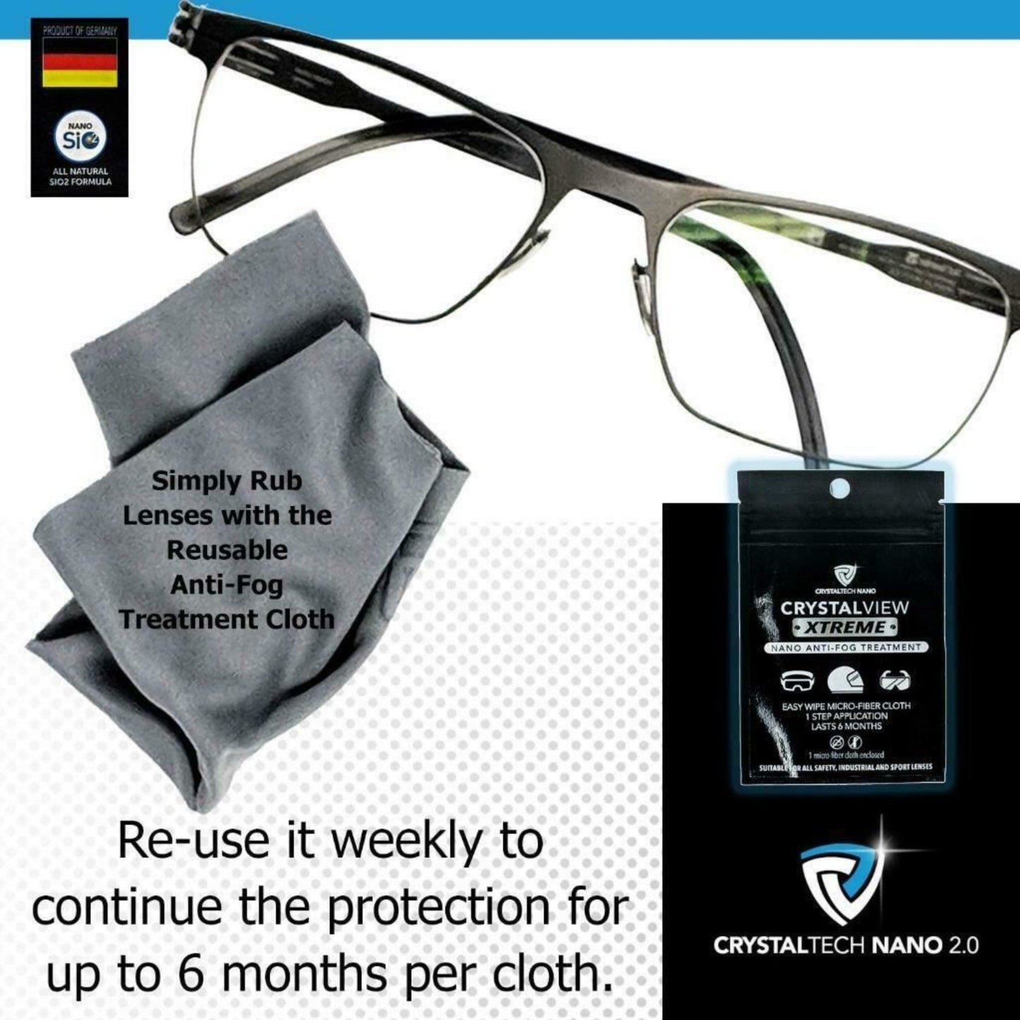 Crystal View Anti Fog Wipe Treatment for Glasses Goggles Masks Visors Reusable