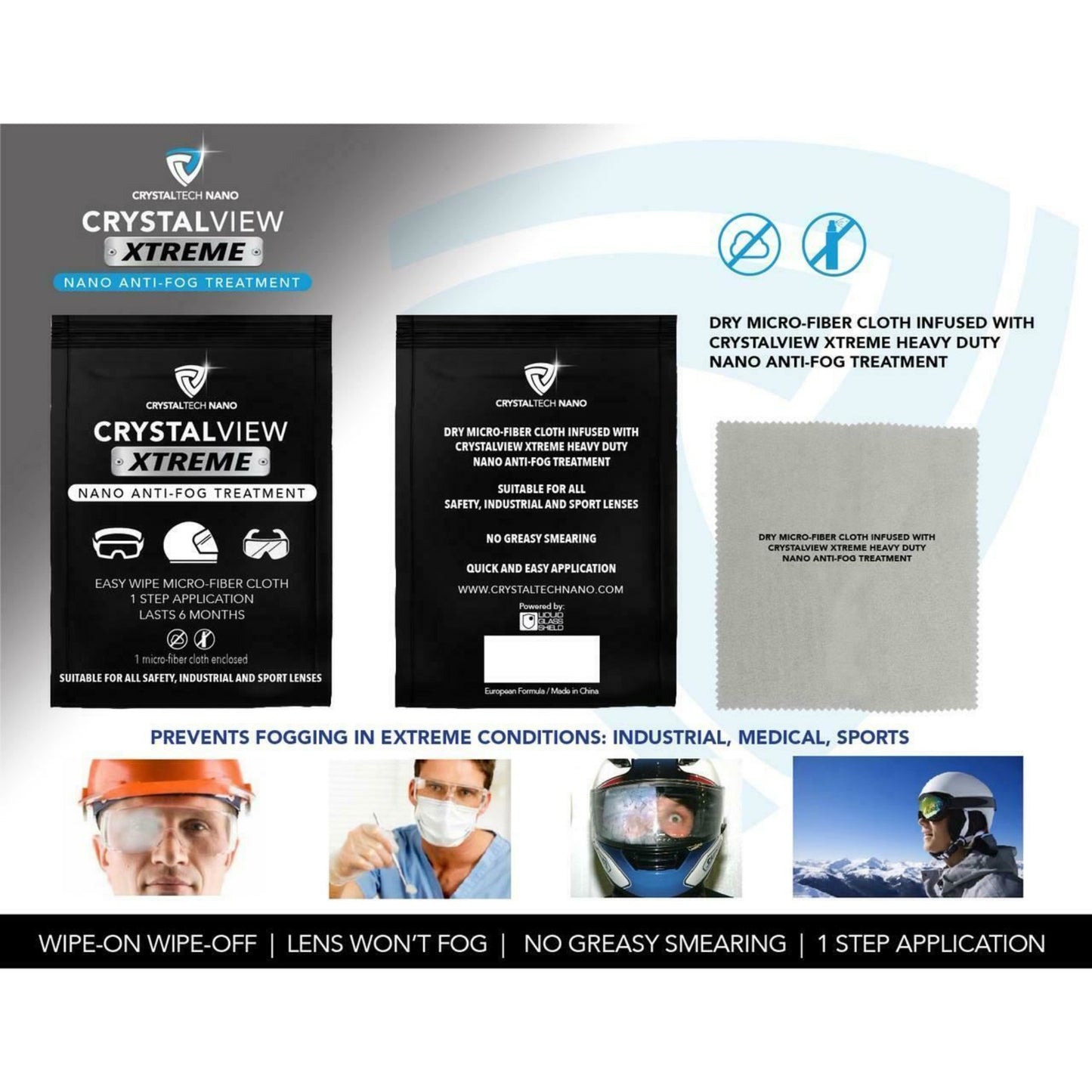 Crystal View Anti Fog Wipe Treatment for Glasses Goggles Masks Visors Reusable