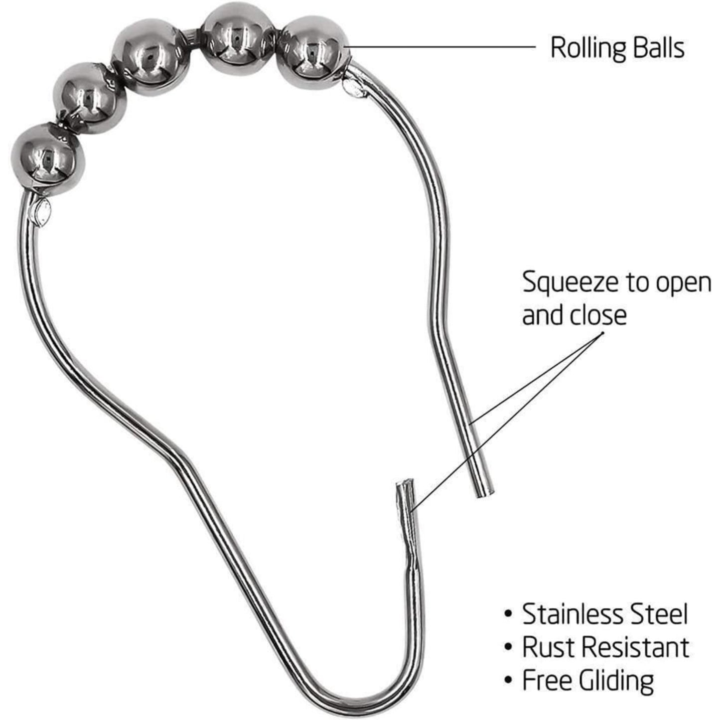 Croydex Set of 12 Shower Curtain Hook Rings Roller Balls Chrome Rust Free