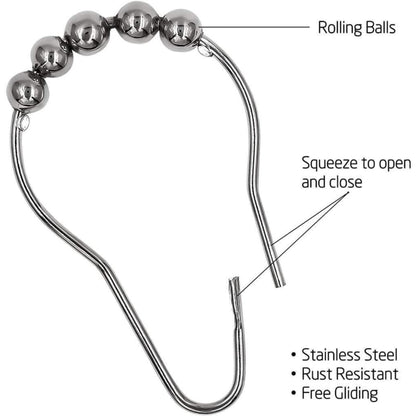 Croydex Set of 12 Shower Curtain Hook Rings Roller Balls Chrome Rust Free