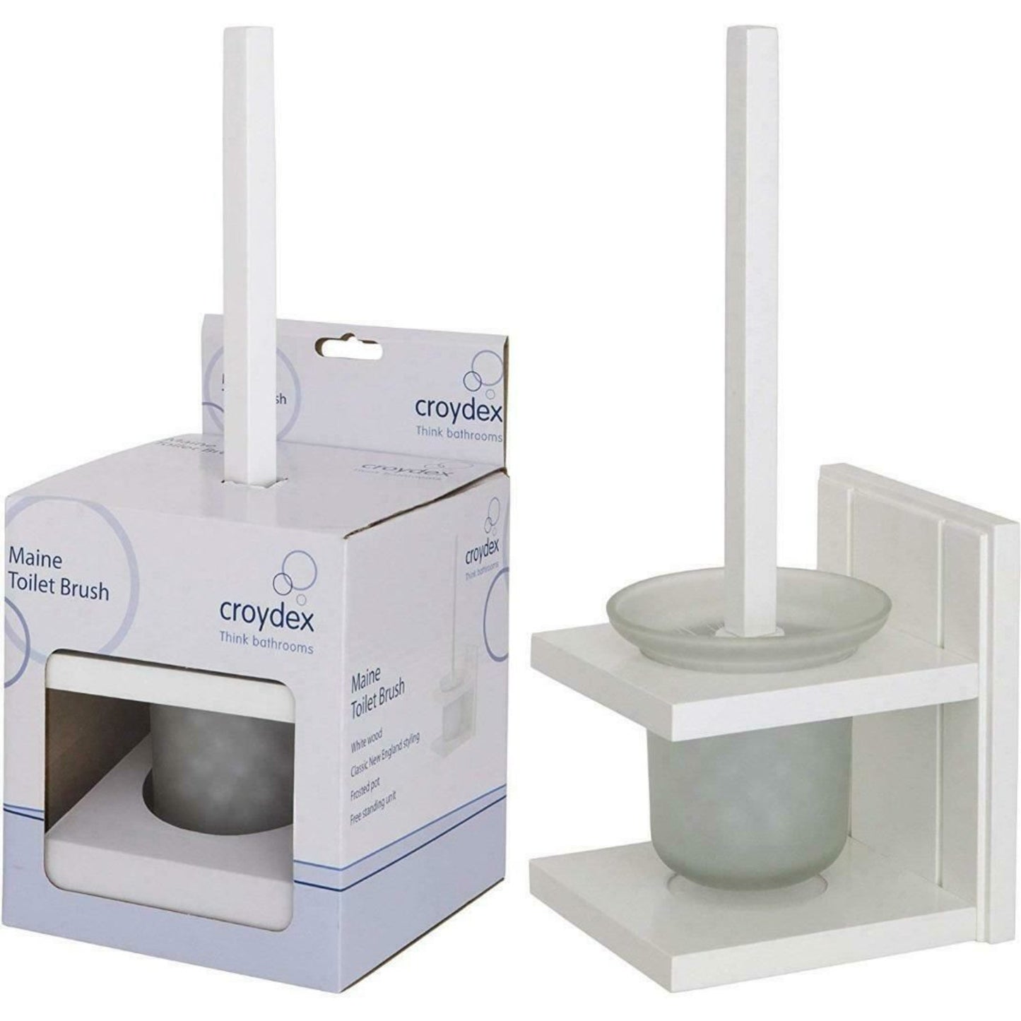 Croydex Toilet Brush and Holder White Pine Wood Holder and Frosted Glass Pot