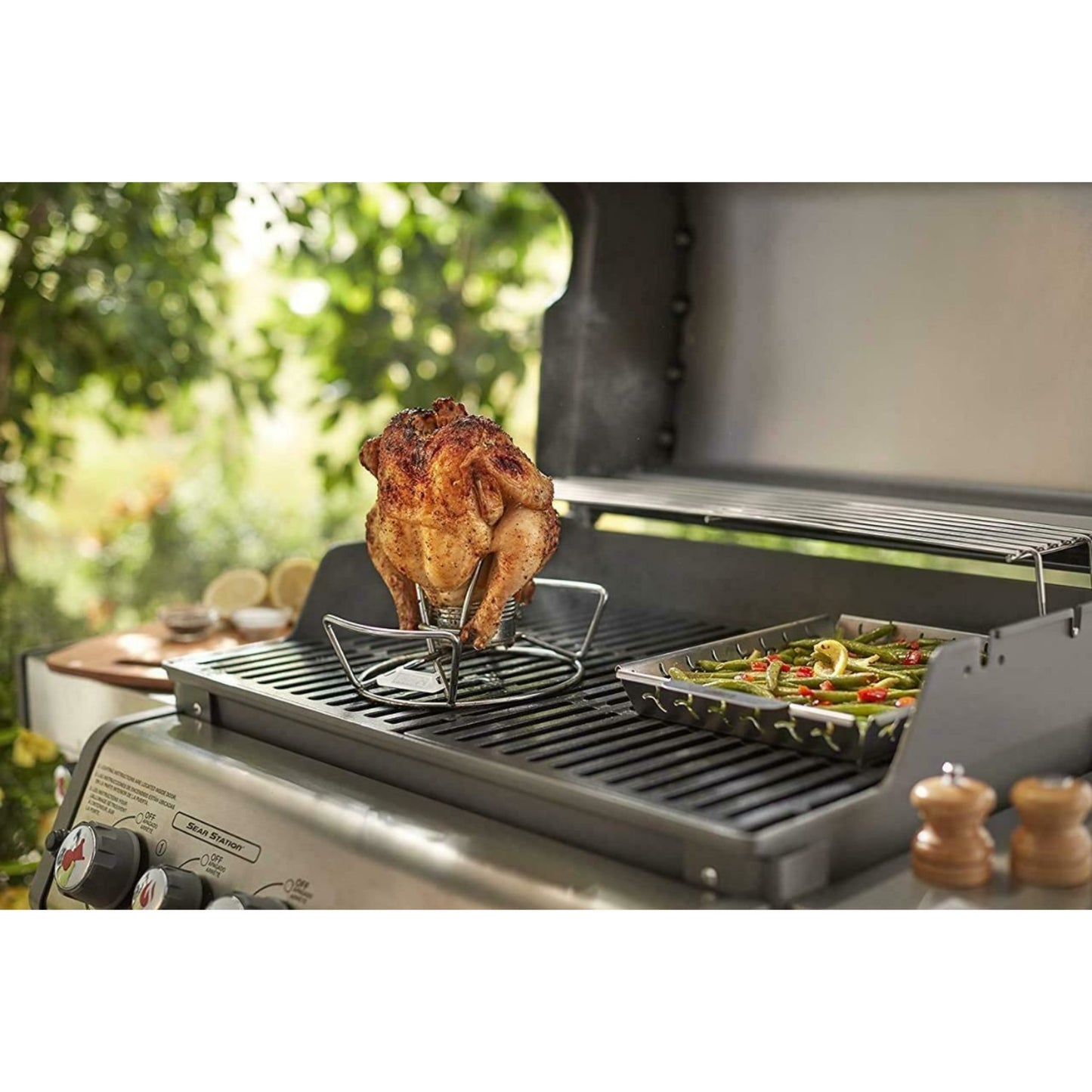 Weber BBQ Chicken Poultry Roaster Beer Can Holder Stainless Steel Rack 6482