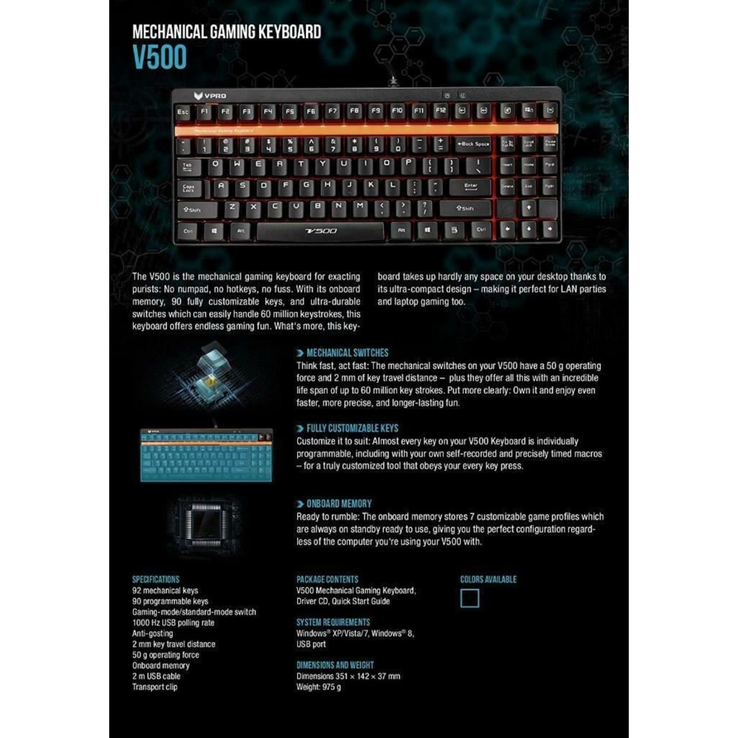 Rapoo Mechanical Gaming Keyboard USB VPRO V500 Linear Yellow Switches UK Layout