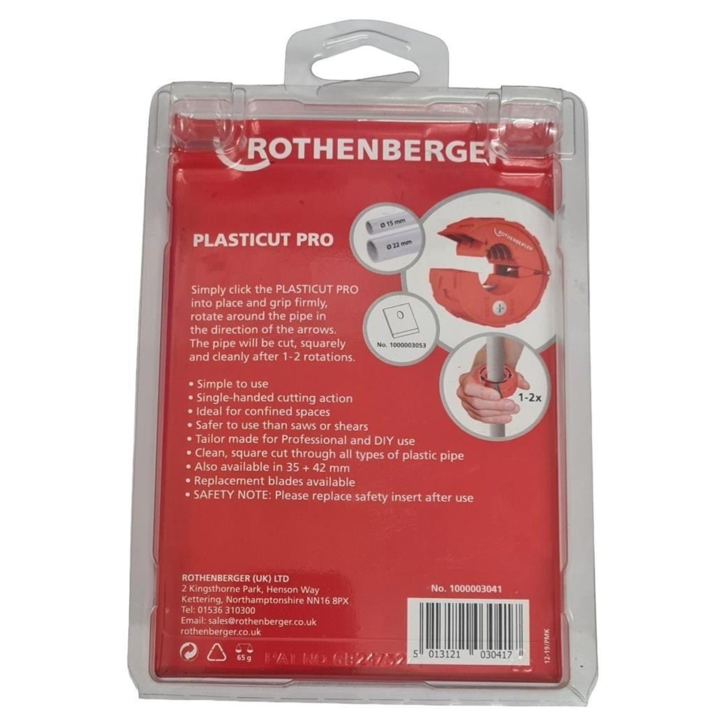 Rothenberger Plasticut Pro 15-22mm Plastic Pipe Cutter Rotary Cutter for Plastic