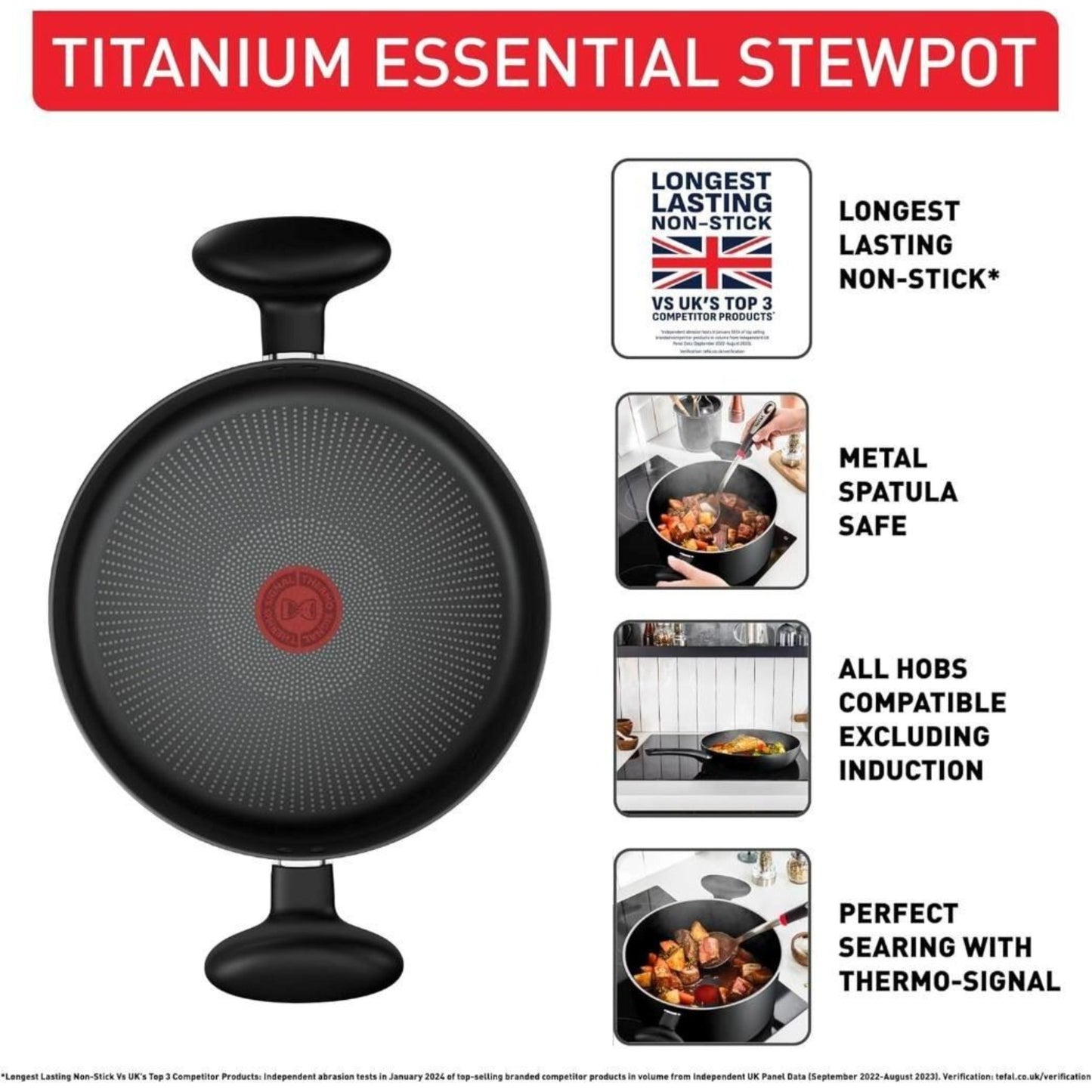TEFAL Titanium Essential 24cm Stewpot and Lid Non Stick Coating Metal Spatula Safe