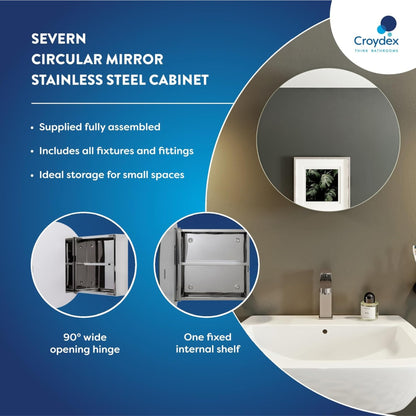 Croydex Round Bathroom Mirror Cabinet Stainless Steel Fully Assembled Cabinet
