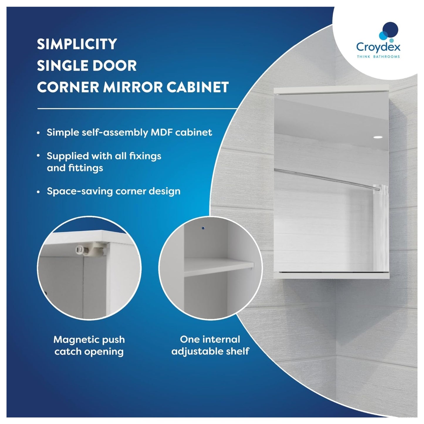 Croydex Corner Bathroom Cabinet MDF Carcass Mirrored Door Magnetic Catch and Adjustable Shelf