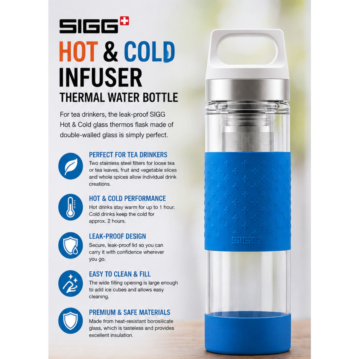 SIGG Hot & Cold Infuser Thermal Water Bottle 0.4 L Glass Bottle Silicone Shell