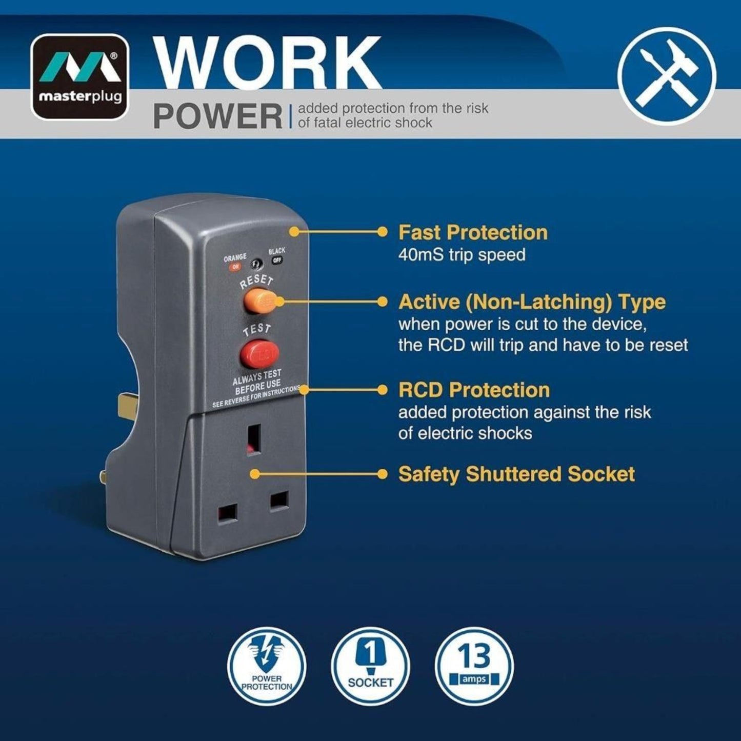Masterplug Newlec rcd Safety Adaptor Single Safety Circuit Breaker Socket ARCDKG